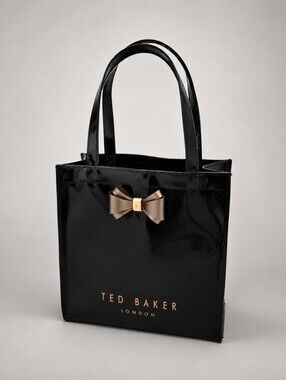 Ted Baker Black Patent Vinyl Tote Bag with Metallic Bow Accent GUC